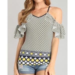 Cold Shoulder Border Print Ruffle Accent Top Cold